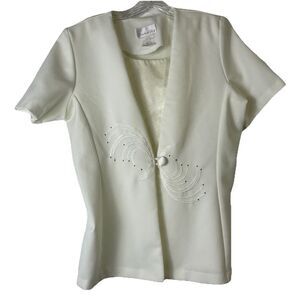 Vtg Pride and Joy Women's Size 14 Ivory Embroidered Blazer Jacket Shoulder‎ Pads